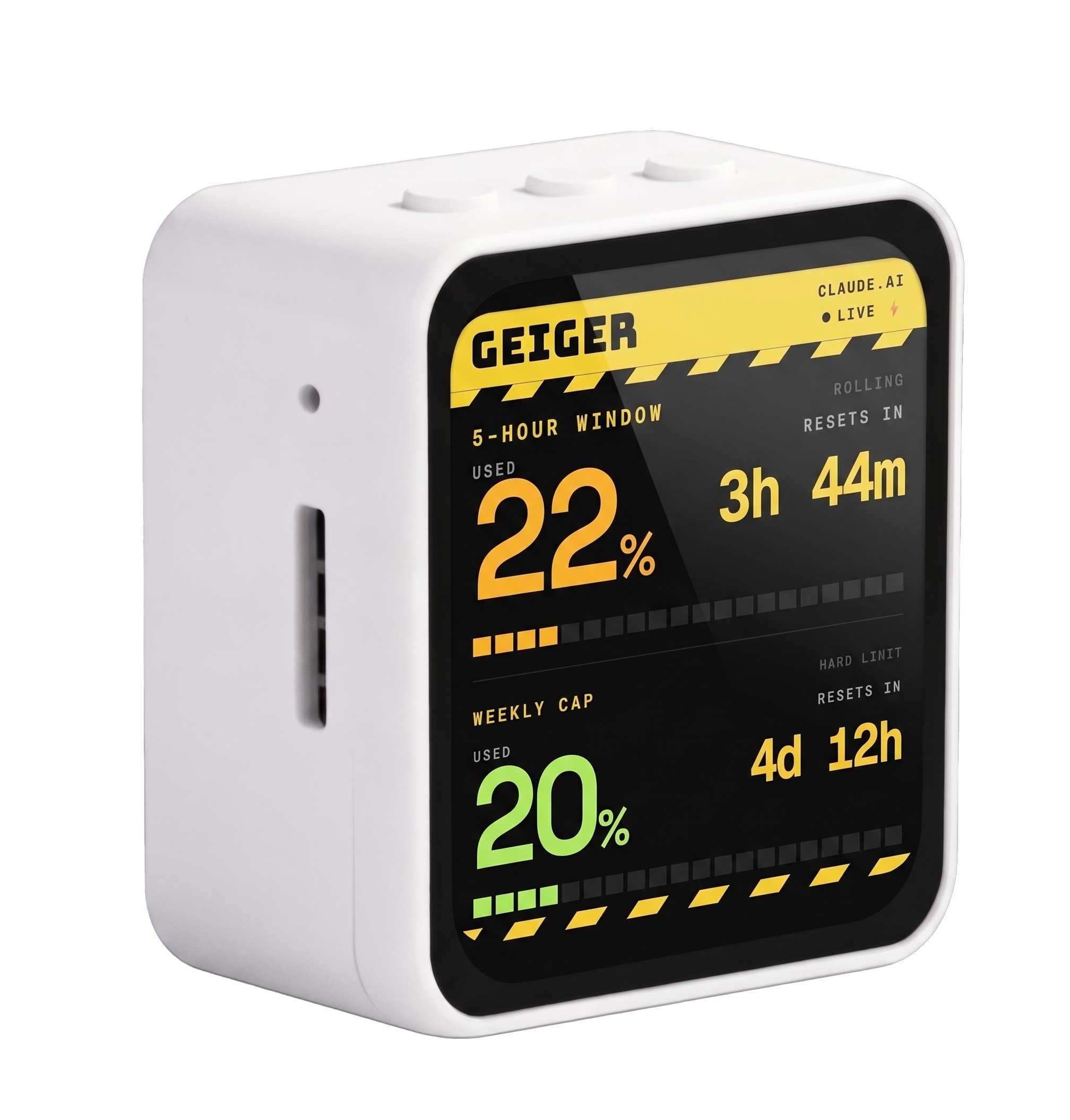 The Geiger device: a small white desk cube with an AMOLED screen showing 59% current usage resetting in 2h 54m and 16% weekly usage resetting in 4d 17h.