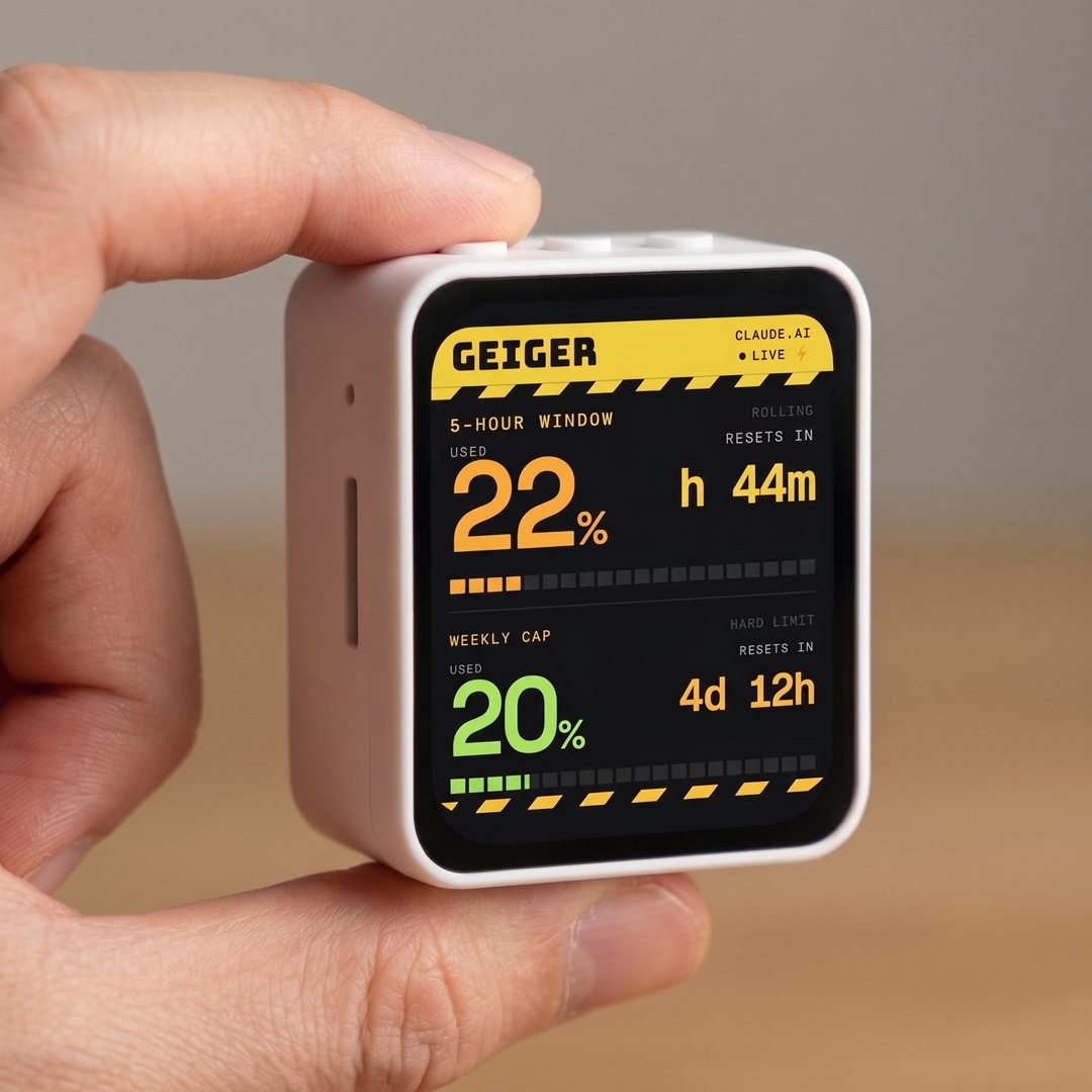 GeigerBox at the edge of a desk beside a monitor, glanceable from the corner of your eye.